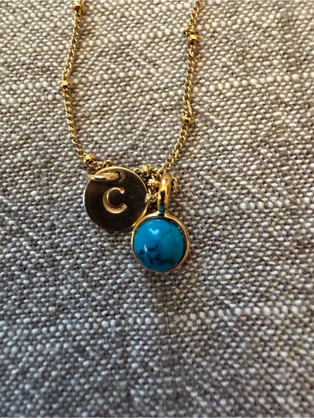 Vintage Gold Filled Chain Necklace with Turquoise Charm and C charm - Picture 4 of 8